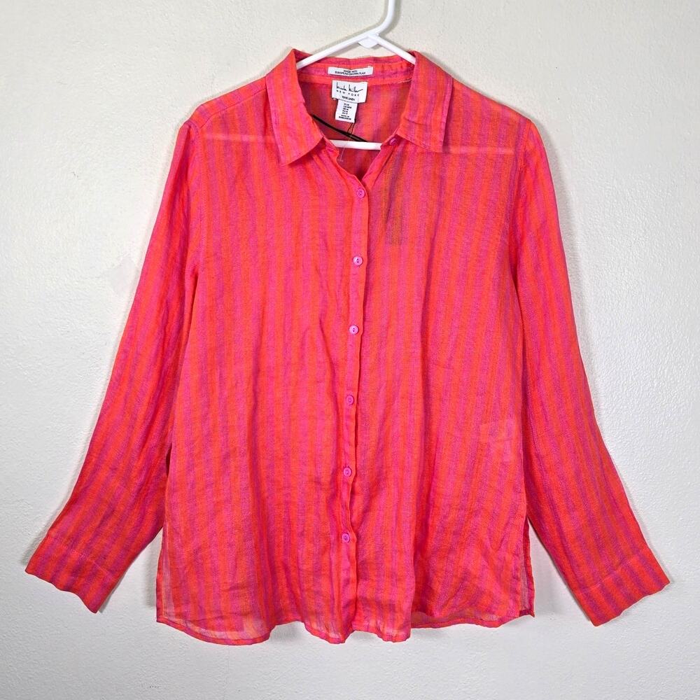 Nicole Miller European Linen Shirt Women's M Pink Orange Stripe Coastal Classic